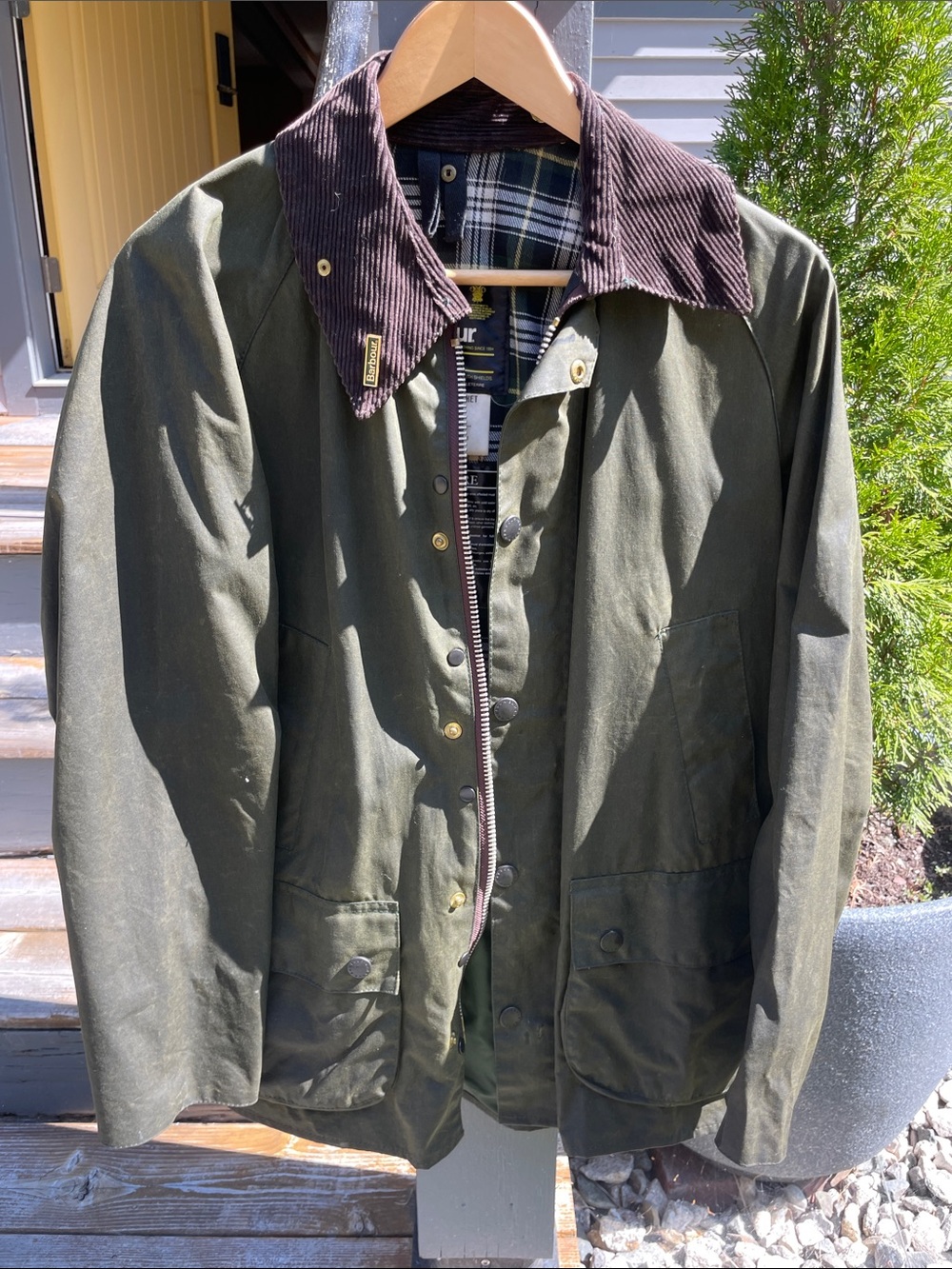 Barbour Olive Green Waxed Field Jacket with Brown Corduroy Collar